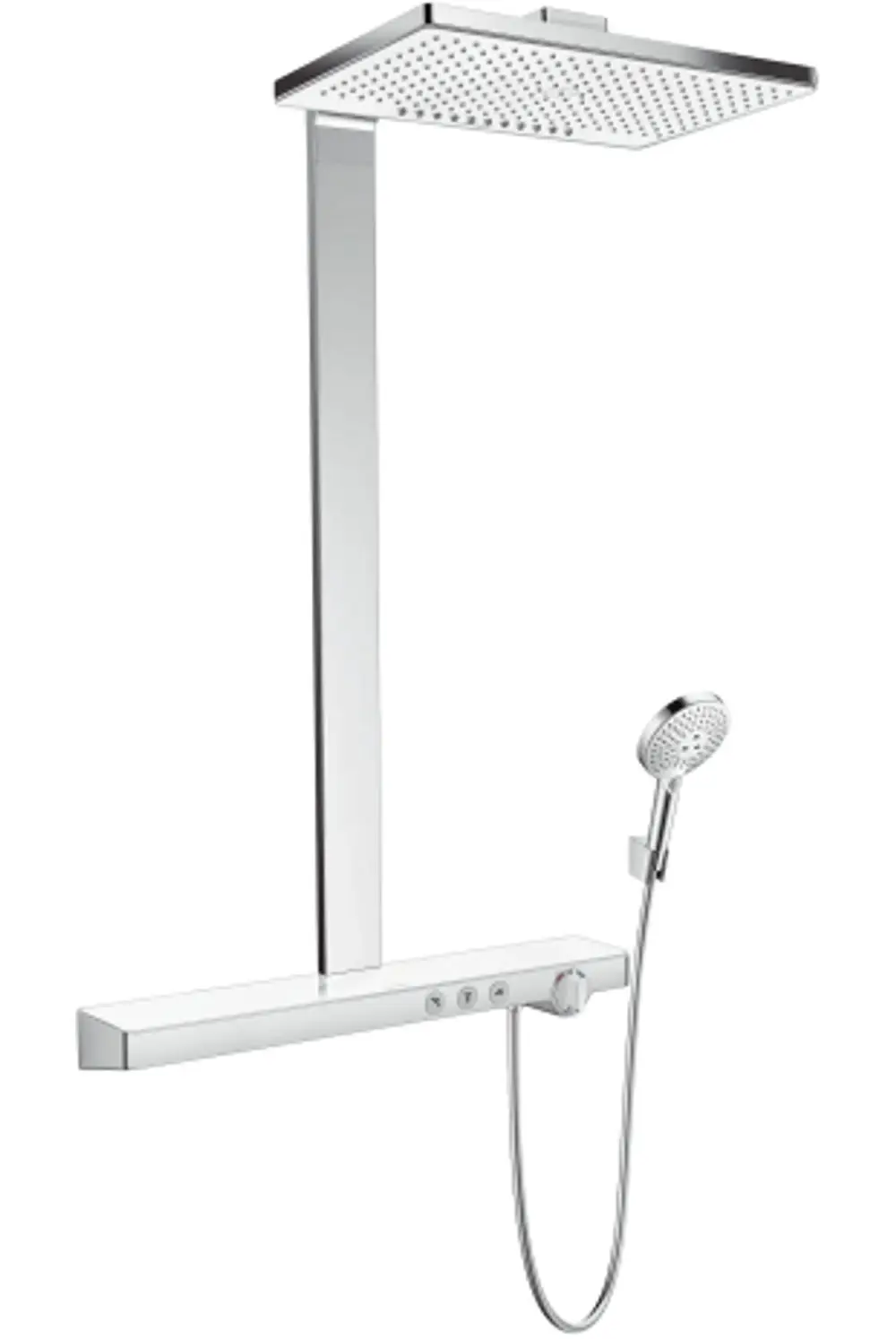 Hansgrohe Duschsystem mit ovalem Kopfteil und Handbrause, verchromte Oberfläche, integriertes Thermostat und Steuerungselemente, montiert an einer vertikalen Halterung.
